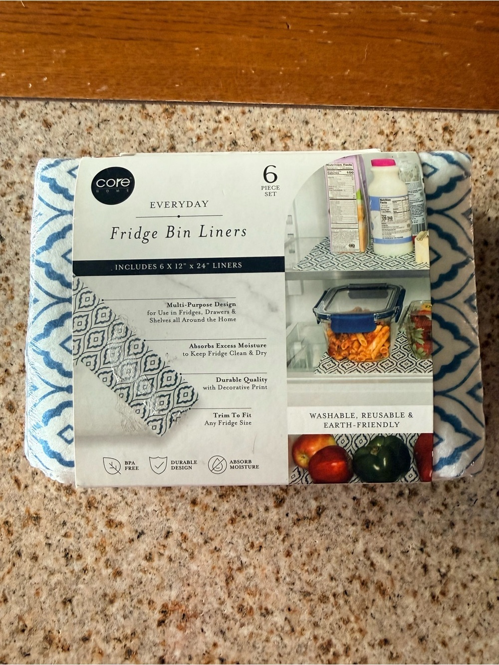 Core Home 6-Piece Reusable Fridge Bin Liners | Washable Shelf Drawer Mats | NIP